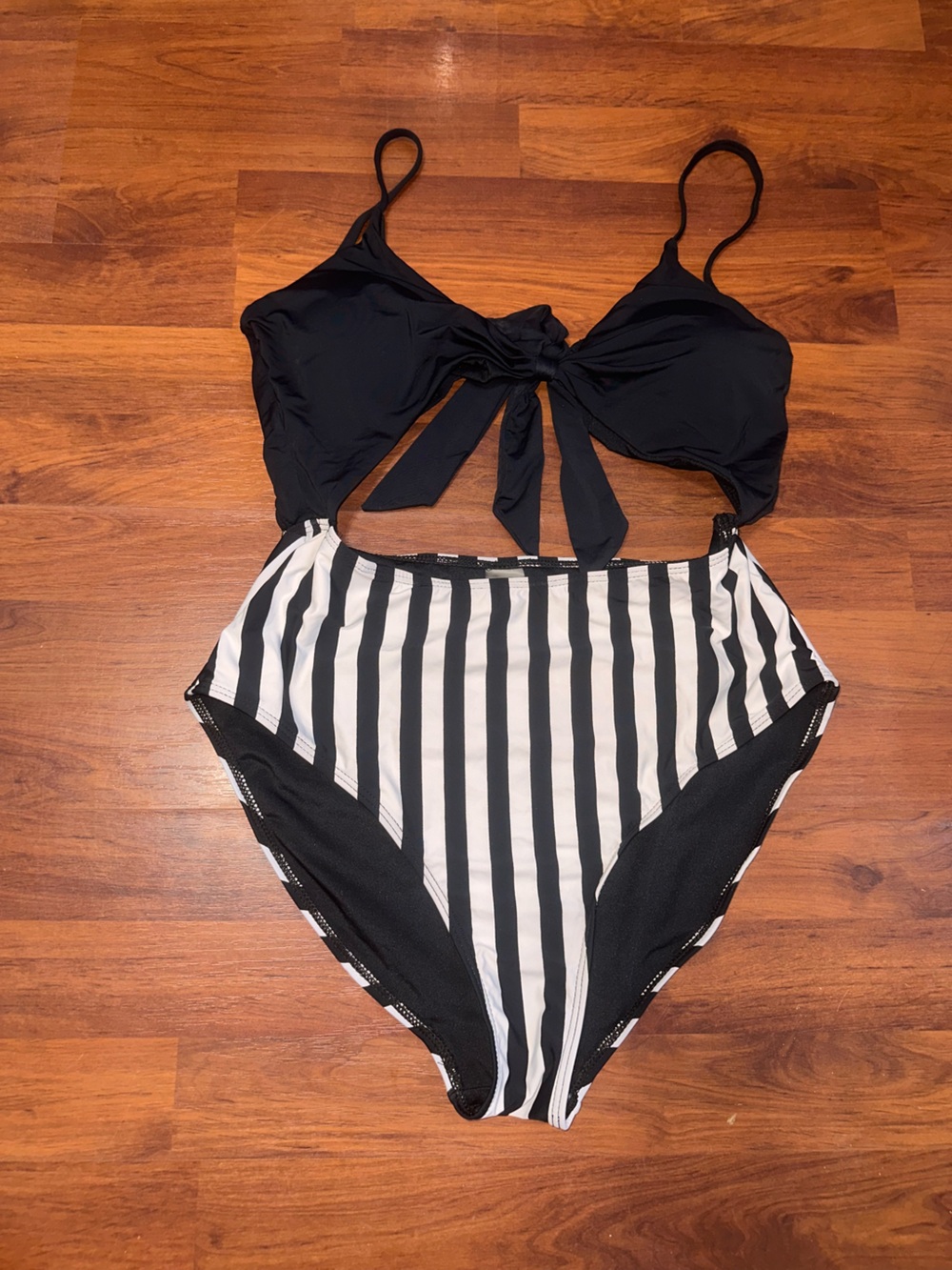 Black Tie-Front Bikini Top with Black & White Striped High-Waist Bottoms